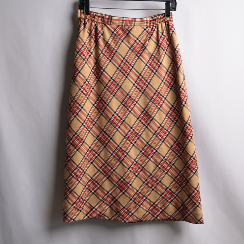 Vintage Tan Brown Red Plaid Midi A Line Skirt 90s Fall Academia Preppy 8 Retro - Picture 2 of 9